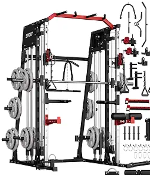 GarveeLife Smith Machine Home Gym All in One, 2200 LBS Squat Rack Power Cage with Smith Bar, LAT Pull-Down, Cable Systems, Leg Hold-Down and More Attachments, Workout Equipment (Red Black)