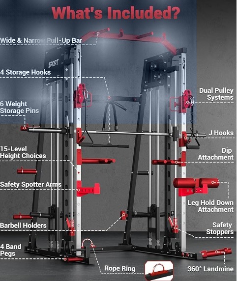 GarveeLife Smith Machine Home Gym All in One, 2200 LBS Squat Rack Power Cage with Smith Bar, LAT Pull-Down, Cable Systems, Leg Hold-Down and More Attachments, Workout Equipment (Red Black)