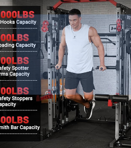 GarveeLife Smith Machine Home Gym All in One, 2200 LBS Squat Rack Power Cage with Smith Bar, LAT Pull-Down, Cable Systems, Leg Hold-Down and More Attachments, Workout Equipment (Red Black)