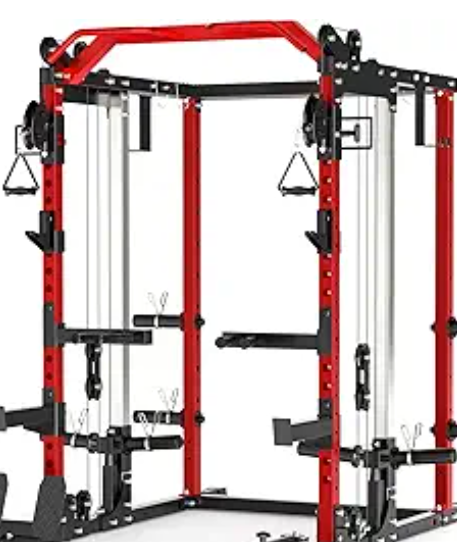 Power Cage Home Gym, Dual Pulley Cable Crossover System, All-in-One Squat Power Rack with Strength Training Attachments for Full-Body Workouts