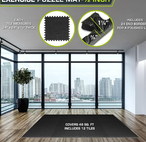 ProsourceFit Puzzle Exercise Mat ½ in, EVA Interlocking Foam Floor Tiles for Home Gym, Water-Resistant Mats Workout Equipment, Floor Padding for Kids, Black, 24 in x 24 in x ½ in, 48 Sq Ft - 12 Tiles